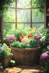 Freshly harvested vegetables and flowers in a cozy indoor garden