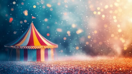 A colorful circus tent stands against a dreamy, bokeh-filled background, evoking a whimsical atmosphere.