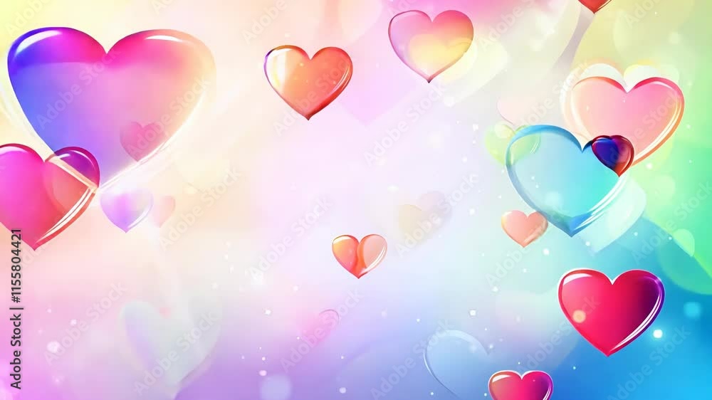 Poster colorful background with many hearts scattered throughout. the hearts are of different colors and si
