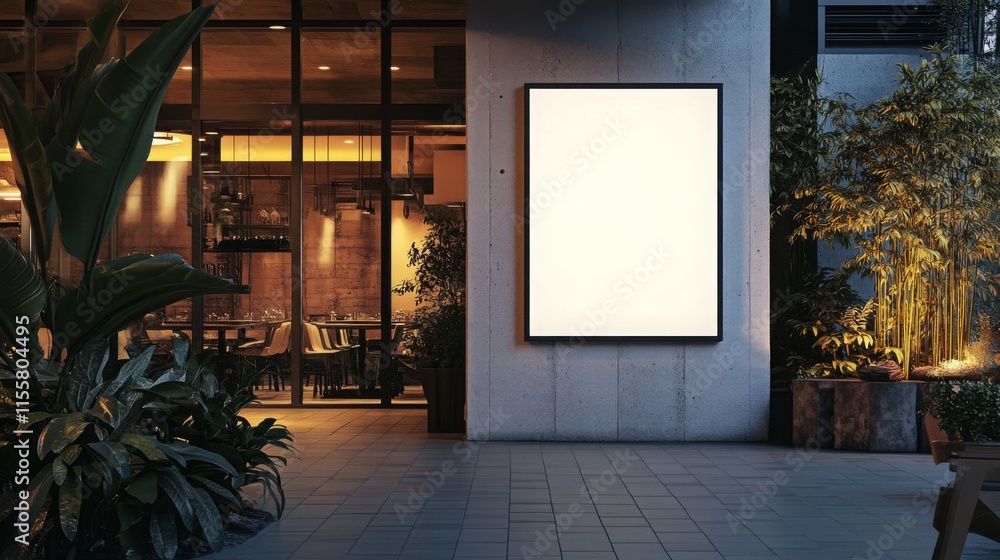 Poster a modern, illuminated storefront features a blank advertising board surrounded by greenery, reflecti