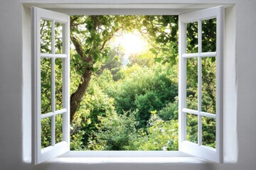 Sunlight streams through a window showcasing a vibrant garden filled with lush greenery and colorful plants during a bright day. Generative AI