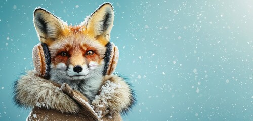 Obraz premium Fox in a stylish winter outfit with earmuffs against a cold blue background.