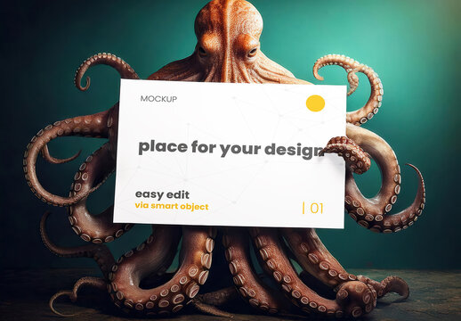 Kraken Octopus Stand Holdign a Sign Poster Mockup