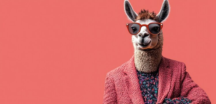 A llama or alpaca dressed fashionably with a text banner poses with grace.