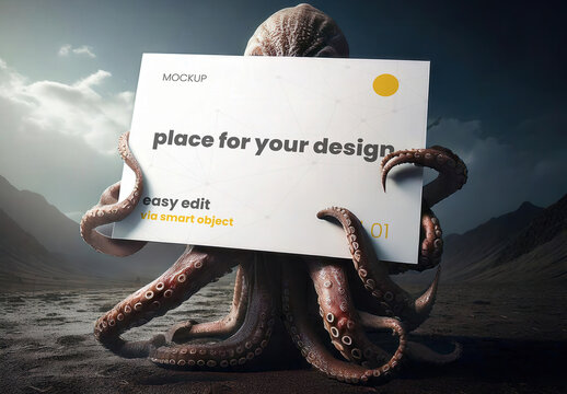 Kraken Octopus Stand on Sand Holdign an Horizontal Sign Poster Mockup