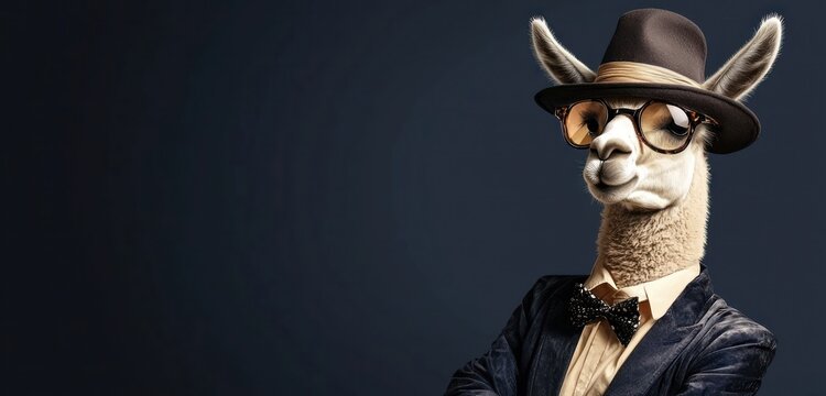 A fashionable llama or alpaca in attire suitable for a banner text pose.
