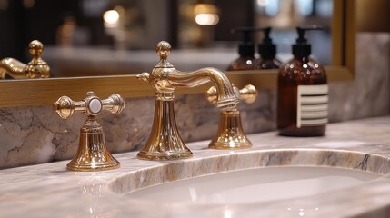 Gold faucet and sink on marble countertop.