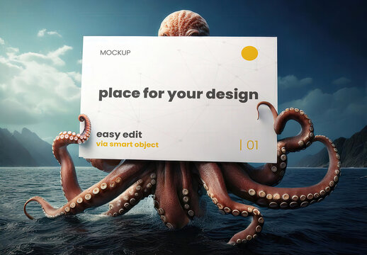 Kraken Octopus Stand out of Water Holdign a Sign Poster  Poster Mockup