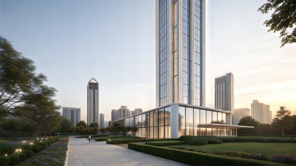 Obraz premium Contemporary Skyscraper in Urban Landscape with Green Surroundings