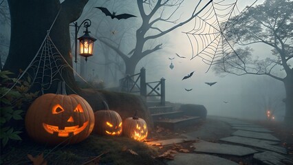 Spooky Halloween Pumpkins and Decorations in a Foggy Forest