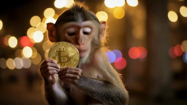 A monkey is holding a gold coin in its mouth