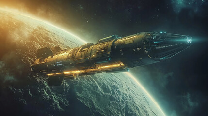 Fototapeta premium Futuristic rocket space ship launch. fantasy universe cosmos planet, future science and technology, galaxy shuttle innovation, astronomy exploration.