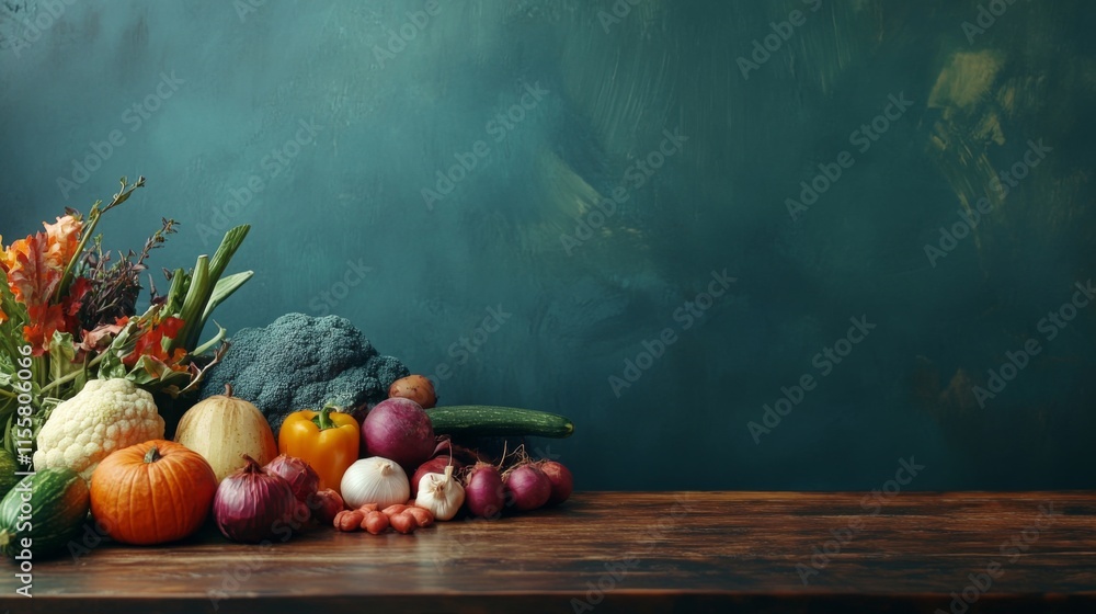 Poster fresh produce displayed on rustic table with background