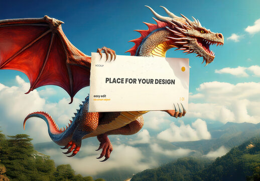 Dragon Flying Holdign an Horizontal Sign Page Poster Mockup