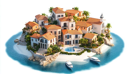 Obraz premium Ocean or sea coast shore seaside city town house or home buildings architecture isolated on white background. summer travel tourism, mediterranean vacation destination, village, aerial.