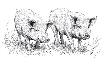 Pig swine animal in rural countryside village nature field meadow coloring book page outline contour monochrome illustration drawing. farm sketch, children kids hand drawn art, domestic livestock.