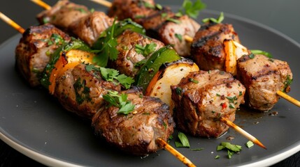 Moroccan kebabs with lamb and vegetables on skewers, Street food photography