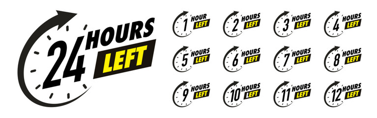 Countdown hours left vector 1,2,3,4,5,6,7,8,9,10,12,24 badge set for social media post, promotion, promo offer