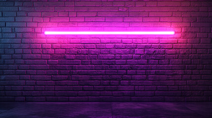 Pink purple neon glowing light against brick wall, copy space. entertainment night sing or comedy show on radio, live event banner, concert podcast festival promotion, studio, bright, record.
