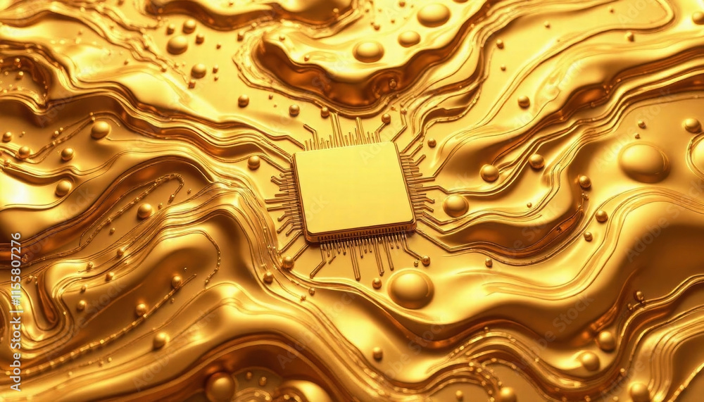 Poster fluid liquid gold futuristic cpu chip motherboard computer processor. smart chip circuit board. comp