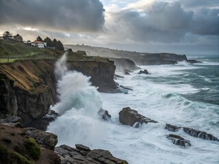 Fototapeta premium Powerful Waves Crashing Against Coastal Cliffs on a Cloudy Day