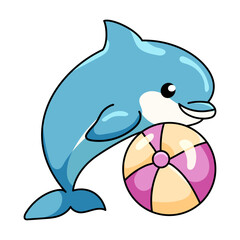 Cute Dolphin Cartoon Kawaii Sticker. Character Vector Illustration