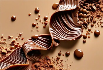 Mocha mousse food 3D graphics, chocolate abstract stains with caramel crumbs, art trend 2025