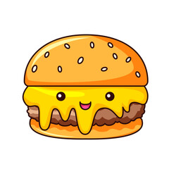 Cute Burger Cartoon Kawaii Sticker. Character Vector Illustration
