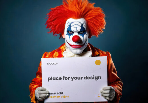 Halloween Evil Clown Holdign an Horizontal Poster Sign Mockup