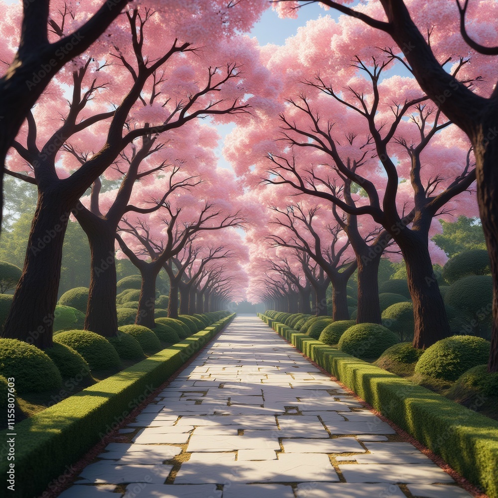 Poster the image is a beautiful landscape of a pathway lined with trees and bushes. the trees are tall and 