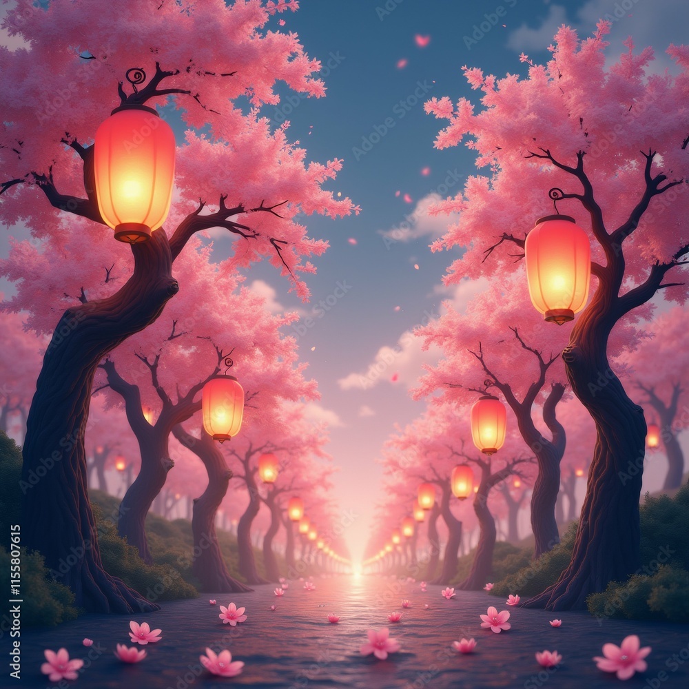 Aufkleber the image is a beautiful landscape of a pathway lined with trees on both sides. the trees are covere