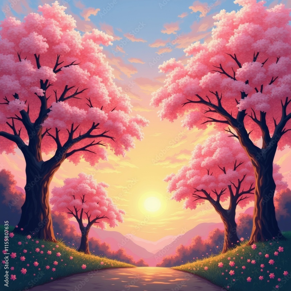 Aufkleber the image is a beautiful landscape of a road with three trees on either side. the trees are covered 