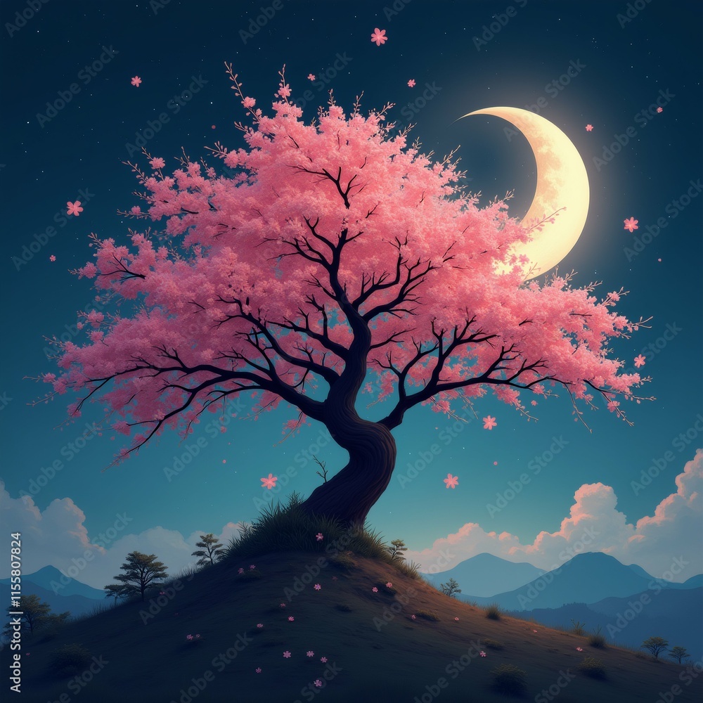 Poster the image is a digital illustration of a large tree with pink cherry blossom flowers on its branches