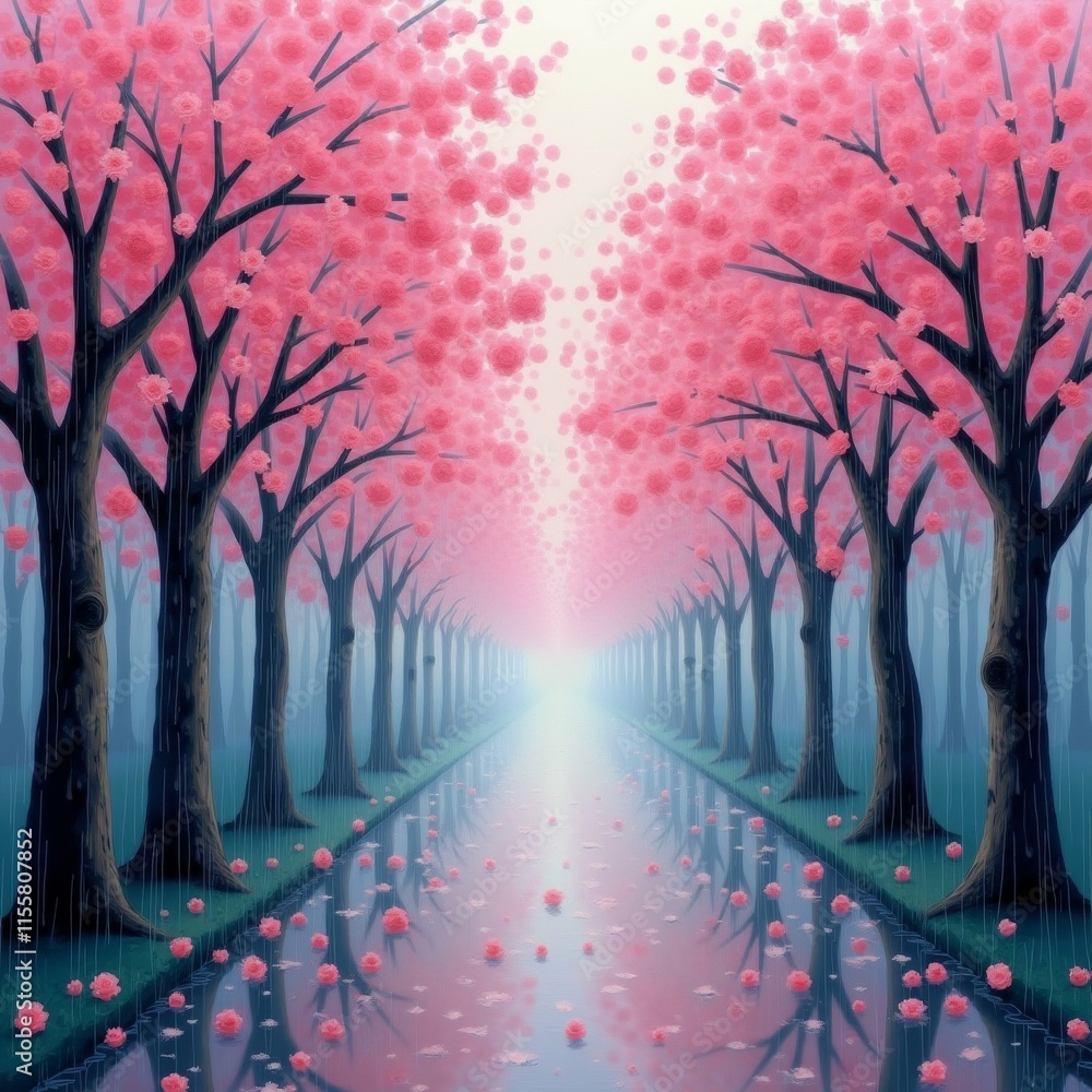 Aufkleber the image is a digital illustration of a pathway lined with trees on both sides. the trees are cover
