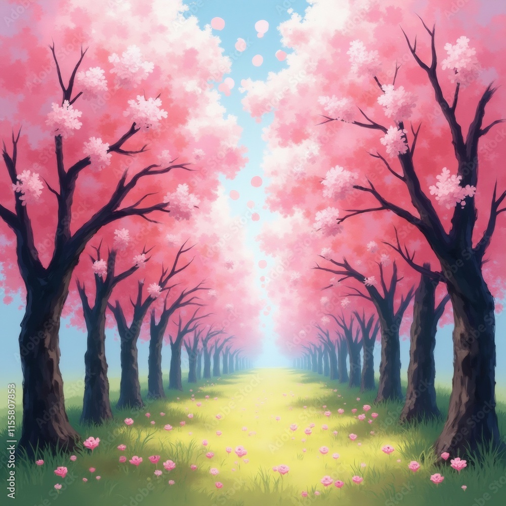 Poster the image is a digital illustration of a pathway lined with trees on both sides. the trees are cover