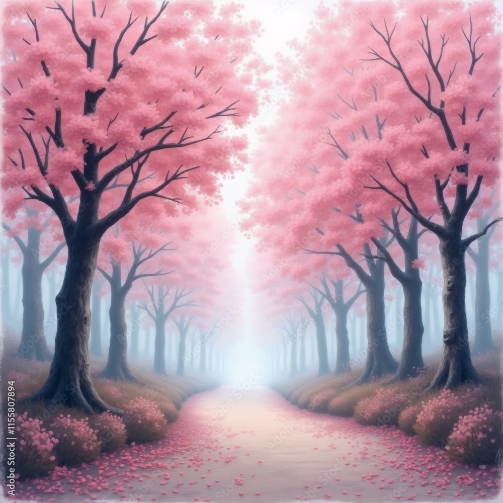 Poster the image is a digital illustration of a path through a forest. the trees on either side of the path