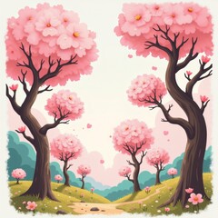 The image is a digital illustration of a group of trees with pink flowers on their branches. The trees are in a park-like setting with green grass and blue hills in the background.