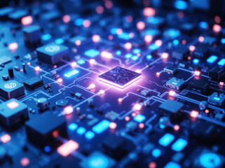 Advanced Innovation Technology Concept Visualization of Circuit Board CPU Processor Microchip of Neural Networking and Cloud Computing Data. Electronic circuit board close up. 3D Digital microcircuit
