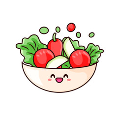 Cute Salad Cartoon Kawaii Sticker. Character Vector Illustration
