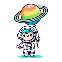 cute cartoon icon illustration astronaut holding a planet shaped ballon