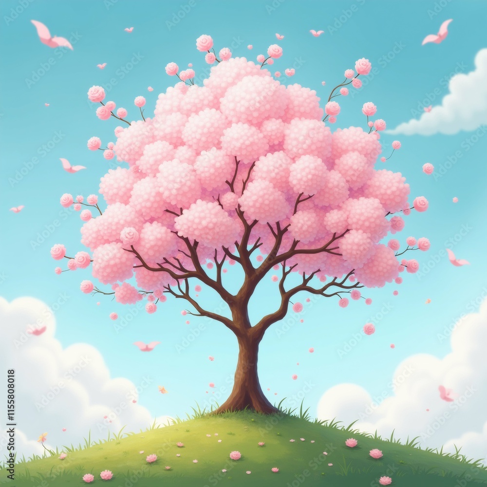 Poster the image is a digital illustration of a tree with a large canopy of pink flowers on its branches. t
