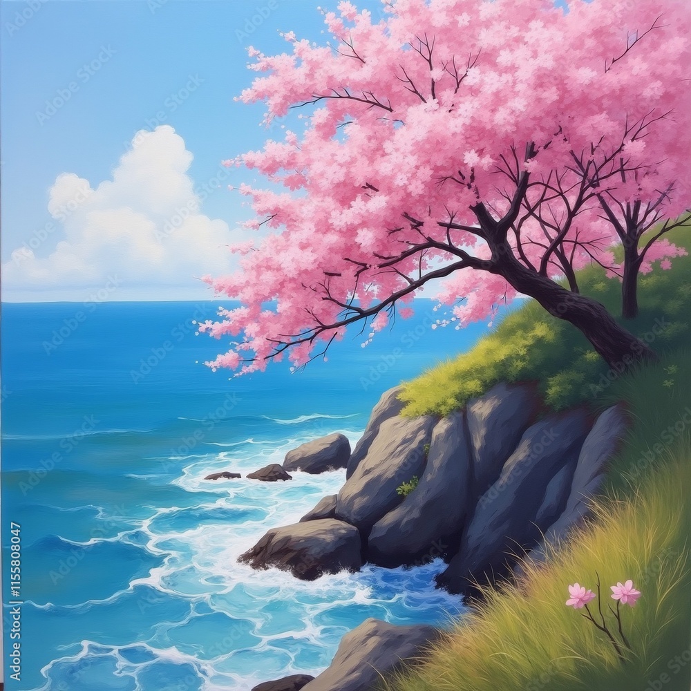 Poster the image is a painting of a beautiful landscape with a large tree on the right side of the image.