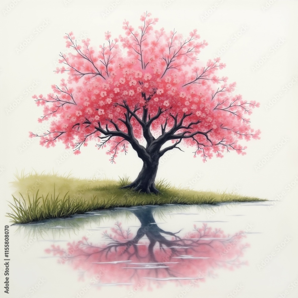 Aufkleber the image is a painting of a large tree with pink flowers on its branches. the tree is standing on a