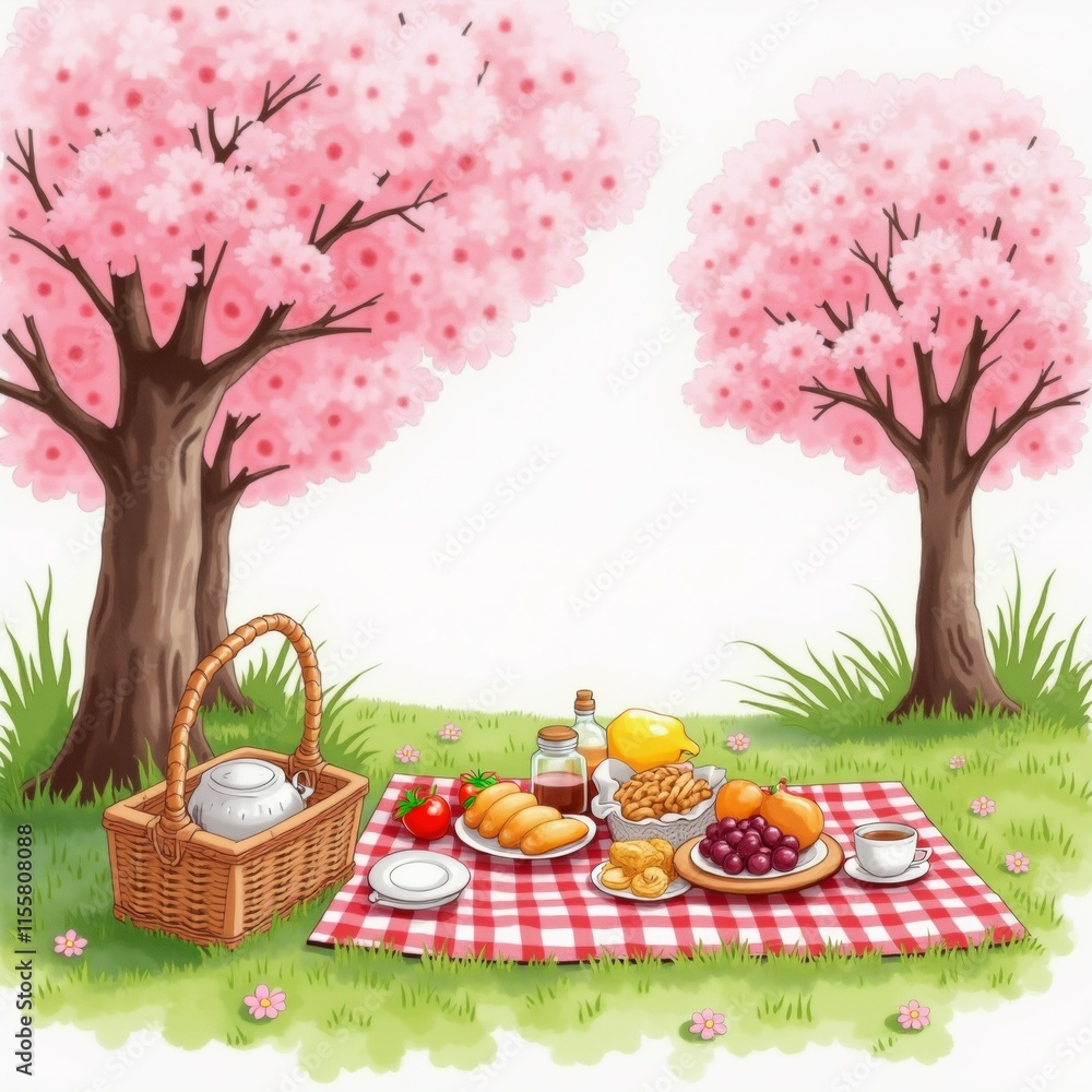 Poster the image shows a picnic in a park with two trees with pink cherry blossom trees in the background. 