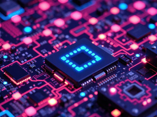 Fototapeta premium Advanced Innovation Technology Concept Visualization of Circuit Board CPU Processor Microchip of Neural Networking and Cloud Computing Data. Electronic circuit board close up. 3D Digital microcircuit