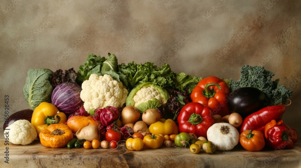 Poster fresh vegetables displayed on rustic table