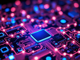 Advanced Innovation Technology Concept Visualization of Circuit Board CPU Processor Microchip of Neural Networking and Cloud Computing Data. Electronic circuit board close up. 3D Digital microcircuit