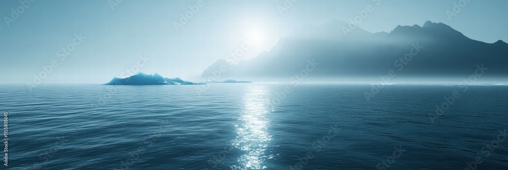 Aufkleber melting iceberg floats in expansive blue ocean under a soft sunlight against distant mountain backdr