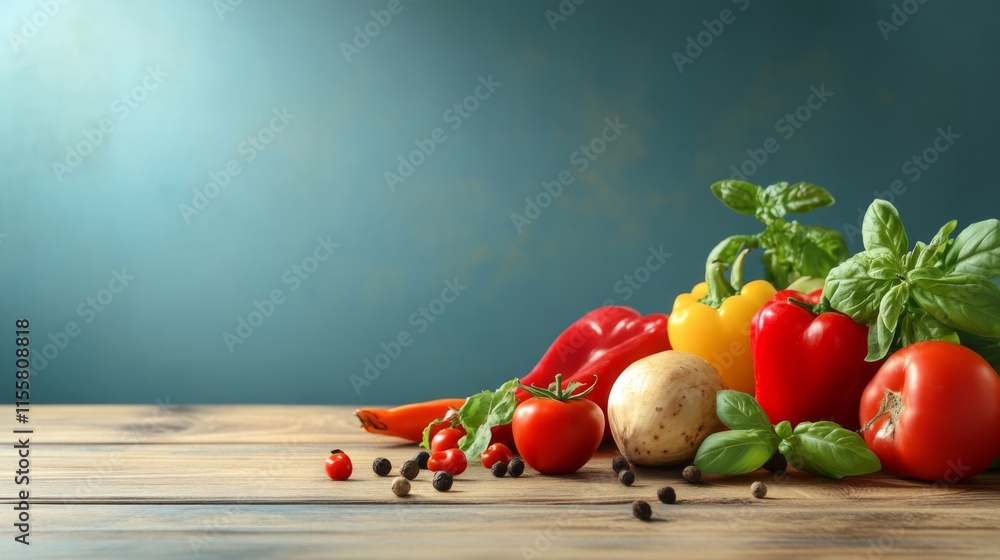 Poster fresh vegetables on a rustic table with soft light