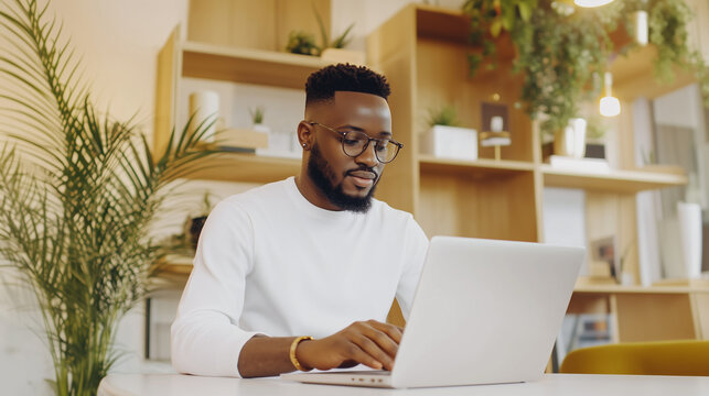 A professional man in a contemporary office deeply engaged with his laptop. Ideal for articles on business technology, time management tips, office productivity tools, and workplac